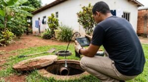 Técnico agachado inspeciona fossa residencial aberta no quintal com câmera e monitor portátil
