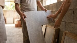 Dois homens manuseiam uma placa cinza de porcelanato área externa resistência junto a parede de blocos de concreto